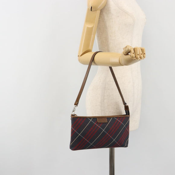 BURBERRY Nova Check Blue Label Hand Pouch Canvas Navy Silver Auth hk3935A