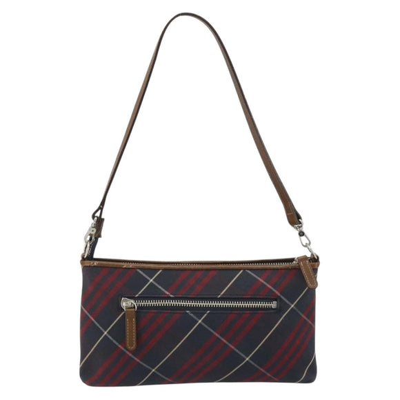 BURBERRY Nova Check Blue Label Hand Pouch Canvas Navy Silver Auth hk3935A