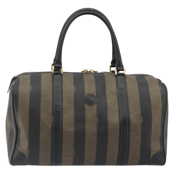 FENDI Pecan Canvas Boston Bag PVC Black Brown Auth hk3981