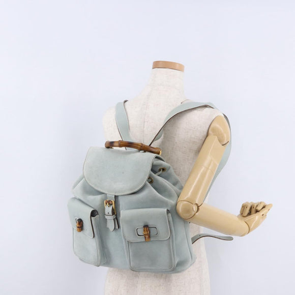 GUCCI Bamboo Backpack Suede Light Blue Gold 003 2058 0016 Auth hk3985