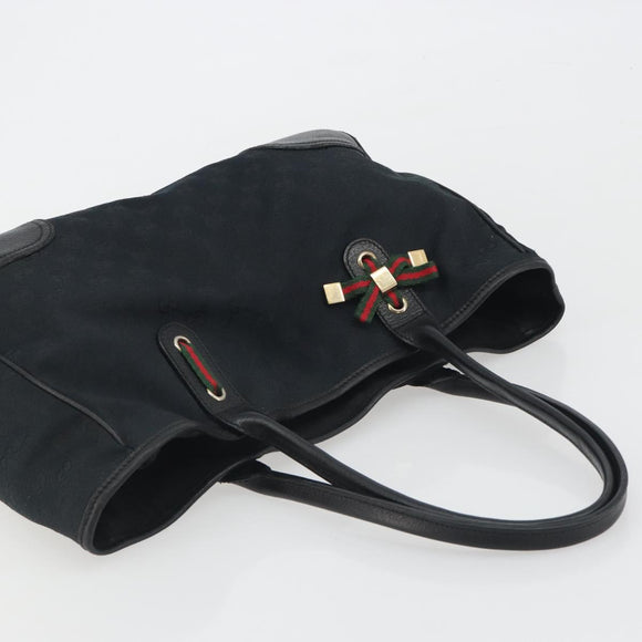 GUCCI GG Canvas Web Sherry Line Tote Bag Black Gold 163805 Auth hk3992