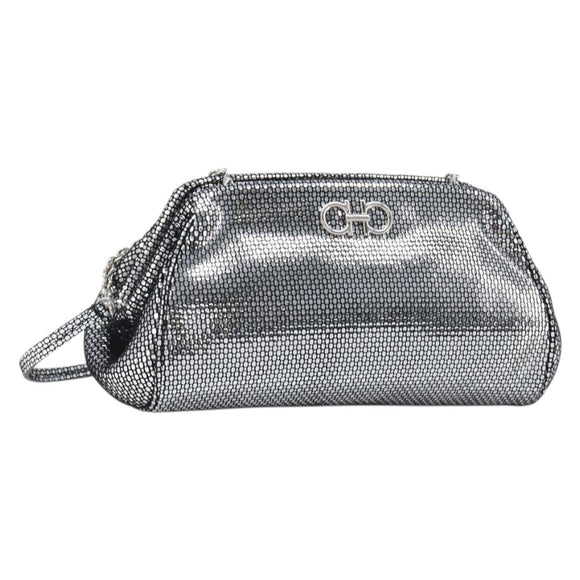Salvatore Ferragamo Gancini Chain Shoulder Bag Leather Silver Auth hk4007V