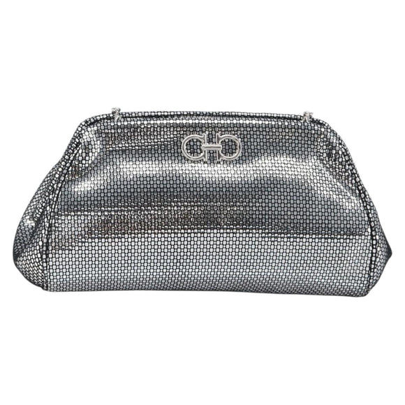 Salvatore Ferragamo Gancini Chain Shoulder Bag Leather Silver Auth hk4007V