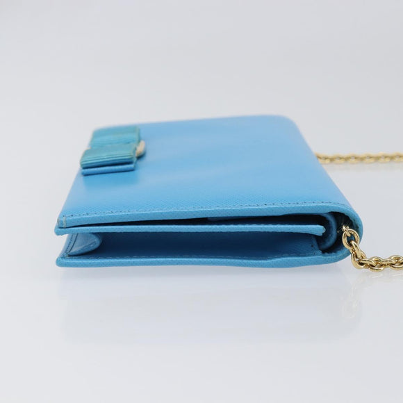 Salvatore Ferragamo Vala Chain Shoulder Wallet Leather Blue Gold Auth hk4008A