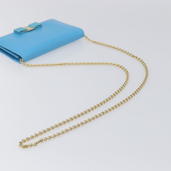 Salvatore Ferragamo Vala Chain Shoulder Wallet Leather Blue Gold Auth hk4008A