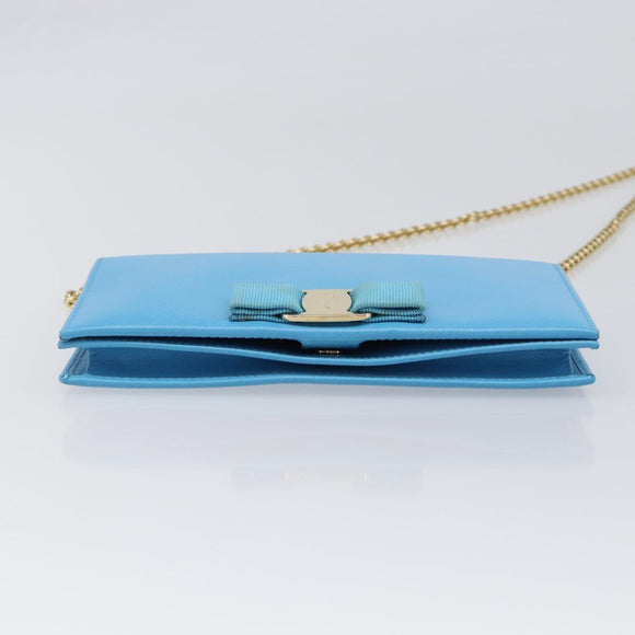 Salvatore Ferragamo Vala Chain Shoulder Wallet Leather Blue Gold Auth hk4008A