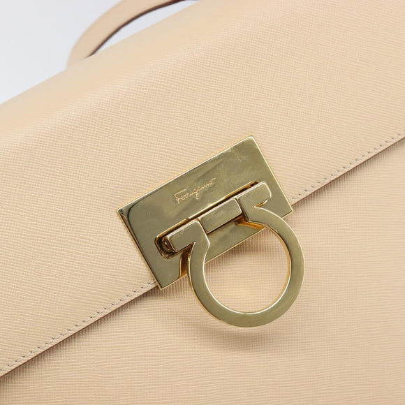 Salvatore Ferragamo Gancini Hand Bag Leather 2way Beige Gold Auth hk4010