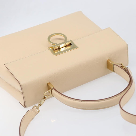 Salvatore Ferragamo Gancini Hand Bag Leather 2way Beige Gold Auth hk4010