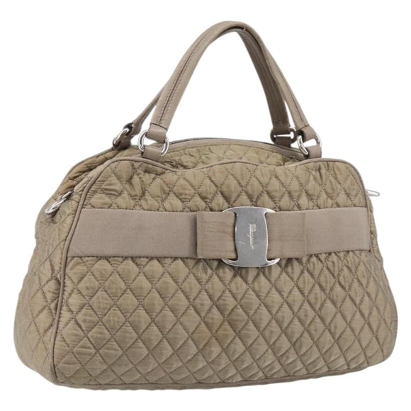 Salvatore Ferragamo Vala Hand Bag Nylon Brown Silver Auth hk4011