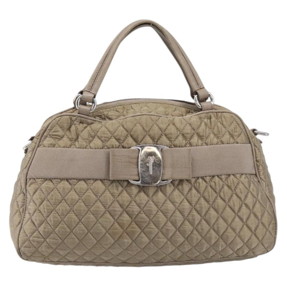 Salvatore Ferragamo Vala Hand Bag Nylon Brown Silver Auth hk4011