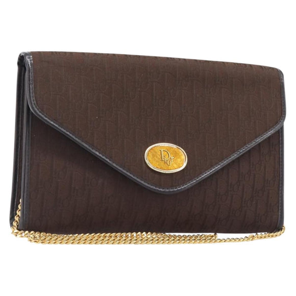 Christian Dior Trotter Canvas Chain Shoulder Bag Brown Gold Auth hk4014A
