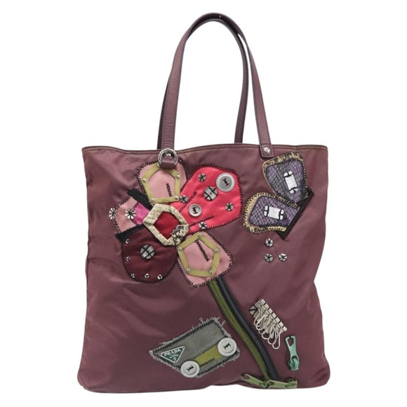 PRADA Tote Bag Nylon Red Silver Auth hk4020