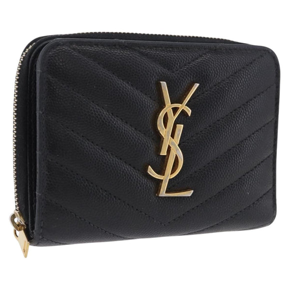 SAINT LAURENT Bifold Wallet Leather Black Gold Auth hk4039