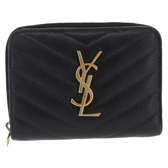 SAINT LAURENT Bifold Wallet Leather Black Gold Auth hk4039