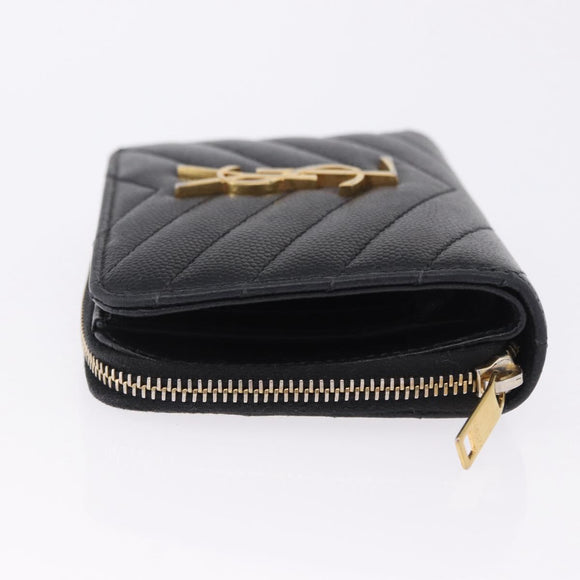 SAINT LAURENT Bifold Wallet Leather Black Gold Auth hk4039