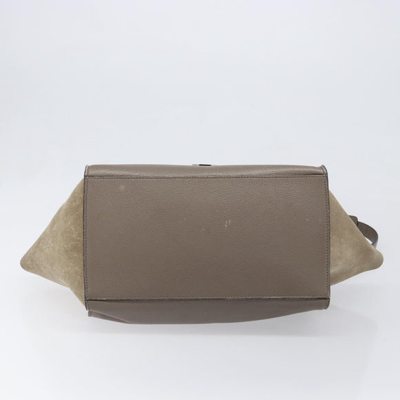 CELINE Trapeze Hand Bag Suede Leather 2way Beige Silver Auth hk4044