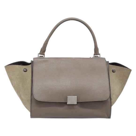 CELINE Trapeze Hand Bag Suede Leather 2way Beige Silver Auth hk4044