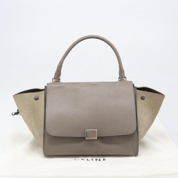 CELINE Trapeze Hand Bag Suede Leather 2way Beige Silver Auth hk4044