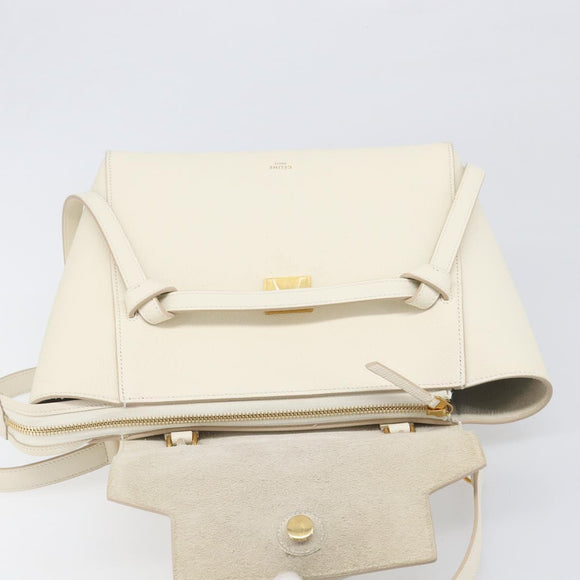 CELINE Small Belt Hand Bag Leather 2way White Gold Auth hk4050V