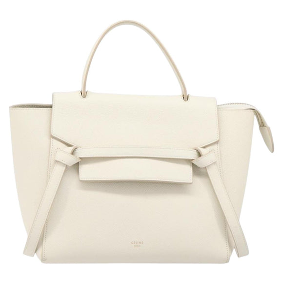 CELINE Small Belt Hand Bag Leather 2way White Gold Auth hk4050V