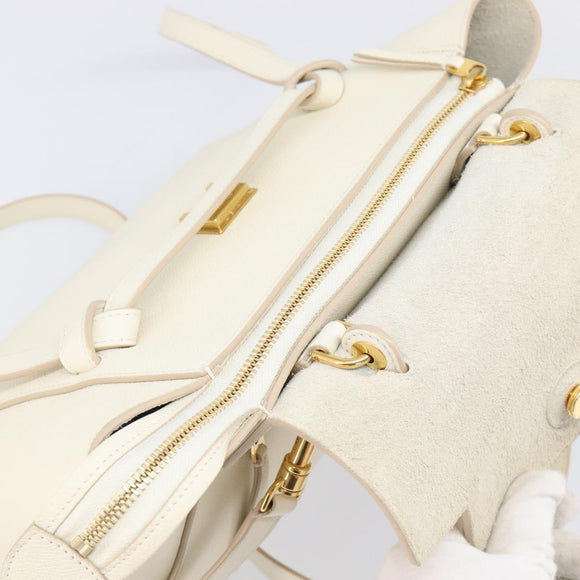 CELINE Small Belt Hand Bag Leather 2way White Gold Auth hk4050V