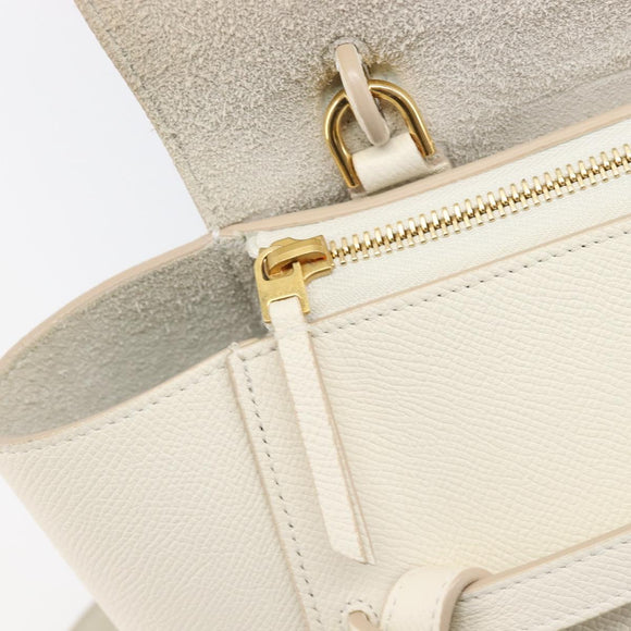CELINE Small Belt Hand Bag Leather 2way White Gold Auth hk4050V