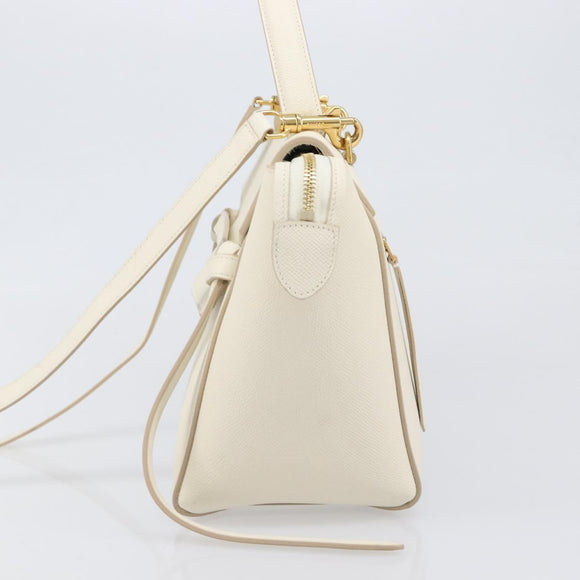 CELINE Small Belt Hand Bag Leather 2way White Gold Auth hk4050V