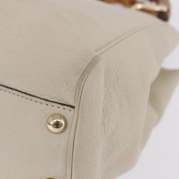 GUCCI Bamboo Hand Bag Leather White Gold 336032 Auth hk4056