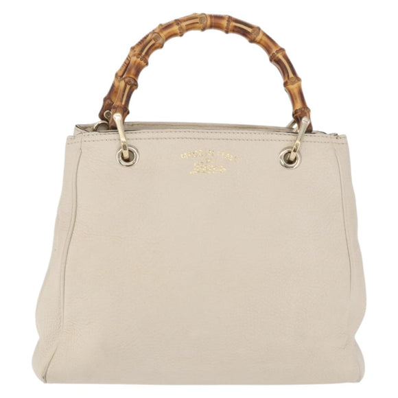 GUCCI Bamboo Hand Bag Leather White Gold 336032 Auth hk4056