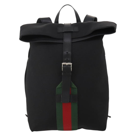 GUCCI Web Sherry Line Backpack Canvas Leather Black Silver 337075 Auth hk4063A