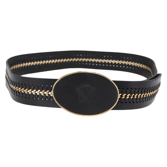 VERSACE Belt Leather 43.3"" Black Gold Auth hk4097