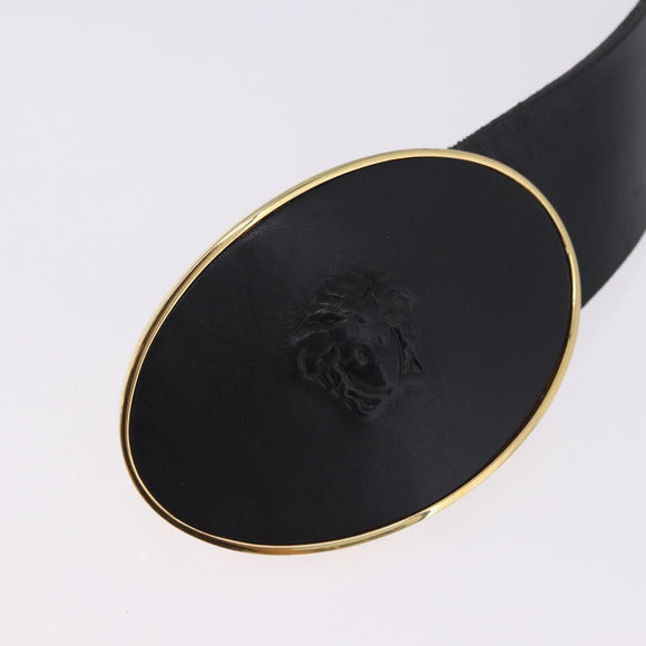 VERSACE Belt Leather 43.3"" Black Gold Auth hk4097