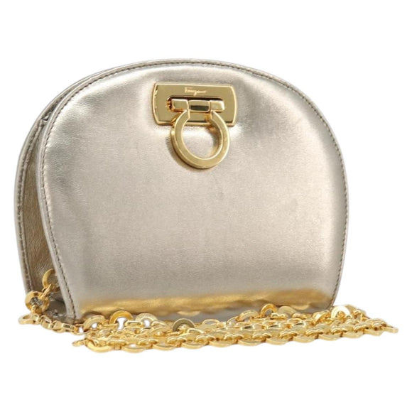 Salvatore Ferragamo Gancini Chain Shoulder Bag Leather Gold Auth hk4135A