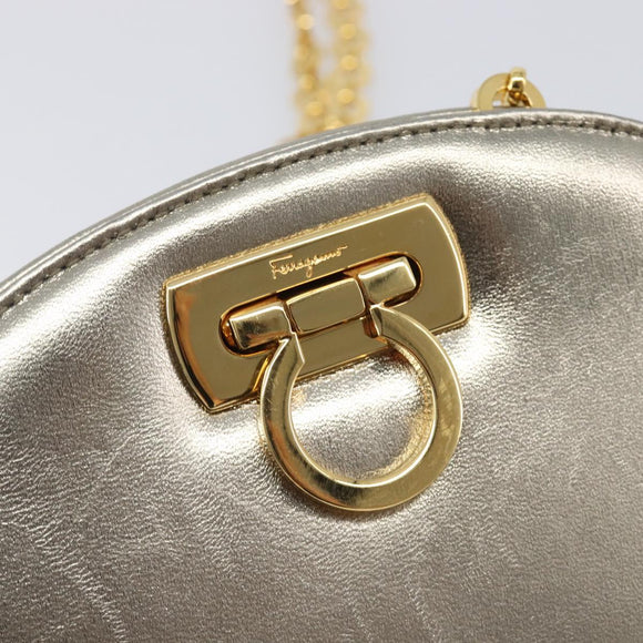 Salvatore Ferragamo Gancini Chain Shoulder Bag Leather Gold Auth hk4135A
