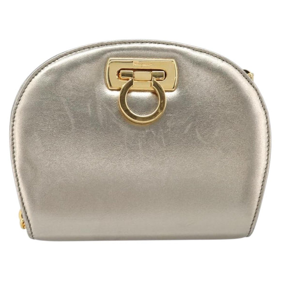 Salvatore Ferragamo Gancini Chain Shoulder Bag Leather Gold Auth hk4135A