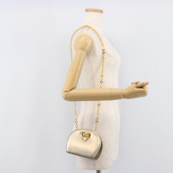 Salvatore Ferragamo Gancini Chain Shoulder Bag Leather Gold Auth hk4135A