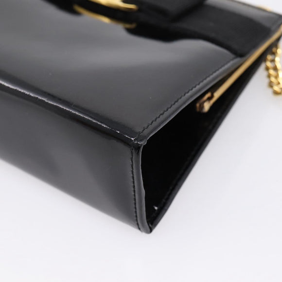 Salvatore Ferragamo Chain Gancini Bag Patent leather Black Gold Auth hk4140A
