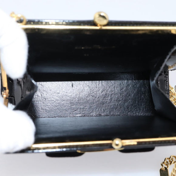Salvatore Ferragamo Chain Gancini Bag Patent leather Black Gold Auth hk4140A
