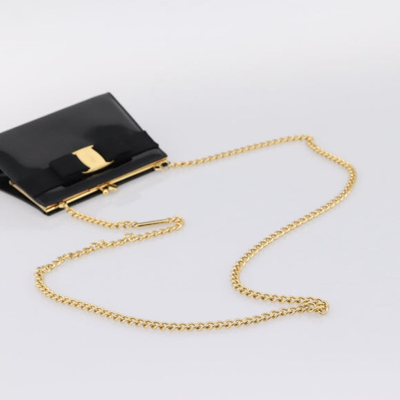 Salvatore Ferragamo Chain Gancini Bag Patent leather Black Gold Auth hk4140A