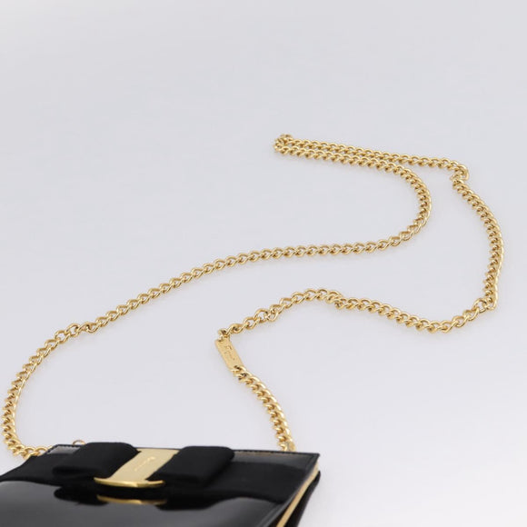 Salvatore Ferragamo Chain Gancini Bag Patent leather Black Gold Auth hk4140A