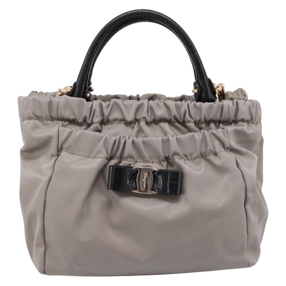 Salvatore Ferragamo Vala Hand Bag Nylon 2way Gray Gold Auth hk4145