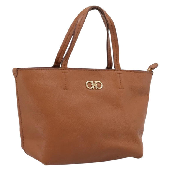 Salvatore Ferragamo Gancini Hand Bag Leather Brown Gold Auth hk4147