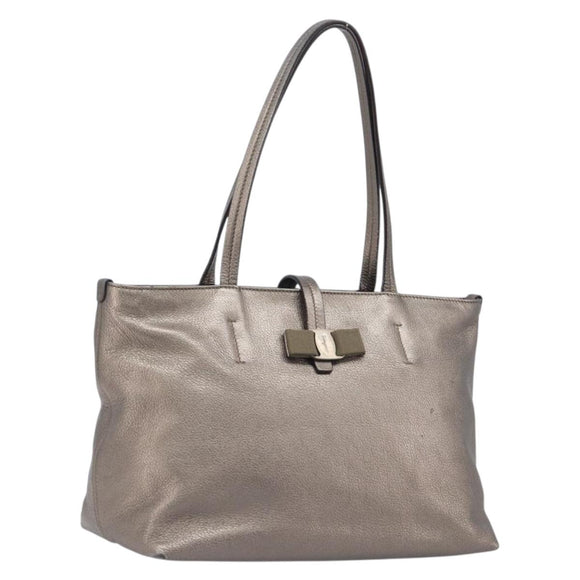 Salvatore Ferragamo Vala Hand Bag Leather Silver Auth hk4149