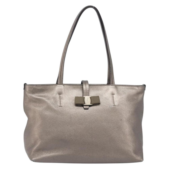 Salvatore Ferragamo Vala Hand Bag Leather Silver Auth hk4149