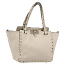 Valentino Studs Hand Bag Leather Ivory Gold Auth hk4155-1