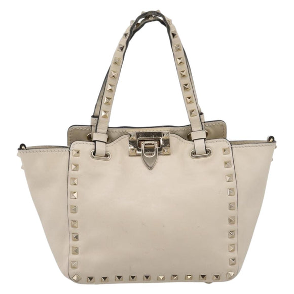 Valentino Studs Hand Bag Leather Ivory Gold Auth hk4155