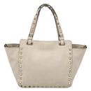 Valentino Studs Hand Bag Leather Ivory Gold Auth hk4155-2