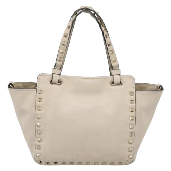 Valentino Studs Hand Bag Leather Ivory Gold Auth hk4155
