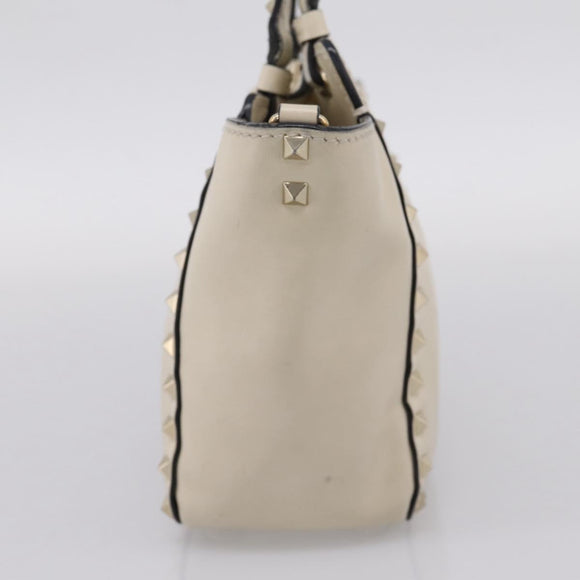 Valentino Studs Hand Bag Leather Ivory Gold Auth hk4155