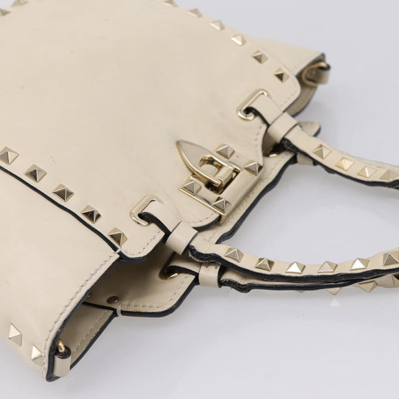 Valentino Studs Hand Bag Leather Ivory Gold Auth hk4155
